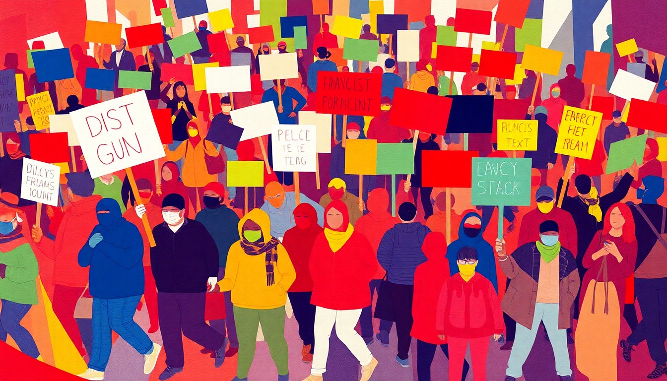 A dynamic, abstract painting depicting a crowd of protesters marching with signs, the figures repeated in overlapping, geometric waves of bold, vibrant colors.