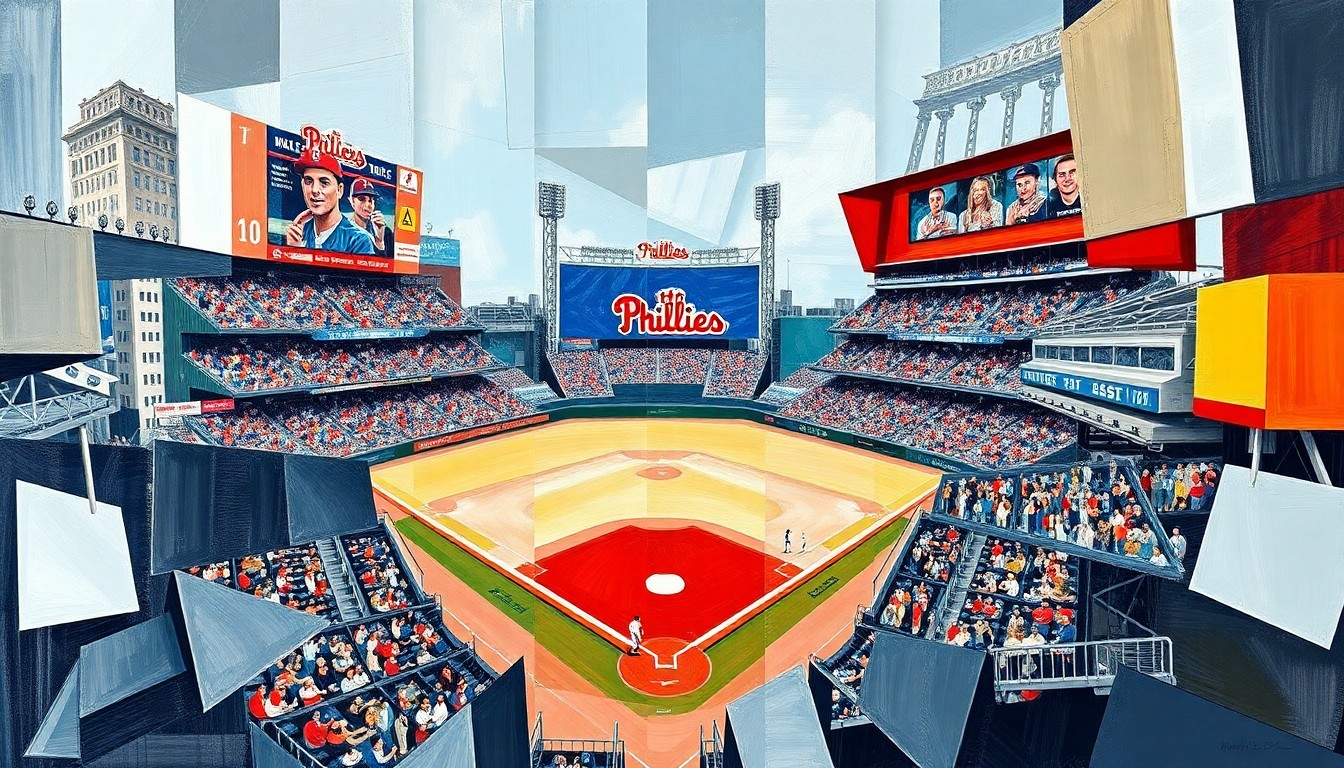 A cubist, geometric painting depicting a baseball game in motion, with players and the field broken down into sharp, overlapping shapes and planes in a vibrant color palette.