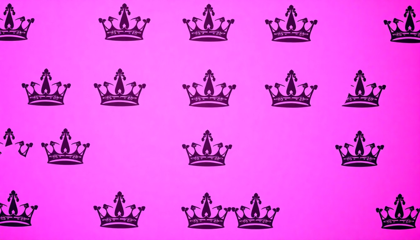 A brightly colored, high-contrast silkscreen print of a crown icon repeated in a tight grid pattern, representing the iconic imagery of the Peony Queen pageant.