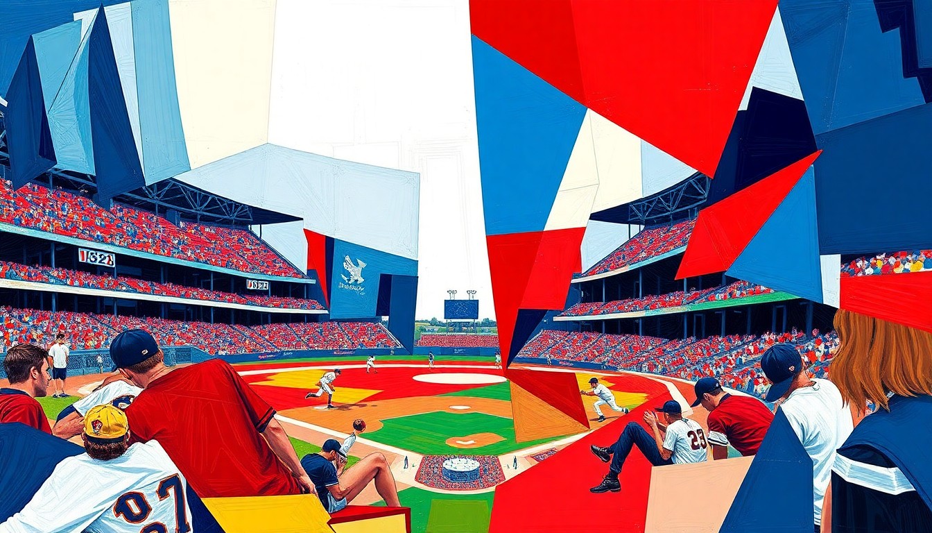 A cubist, geometric painting depicting a high school baseball game, with overlapping planes of navy blue, red, and white representing the competing teams and dynamic action on the field.