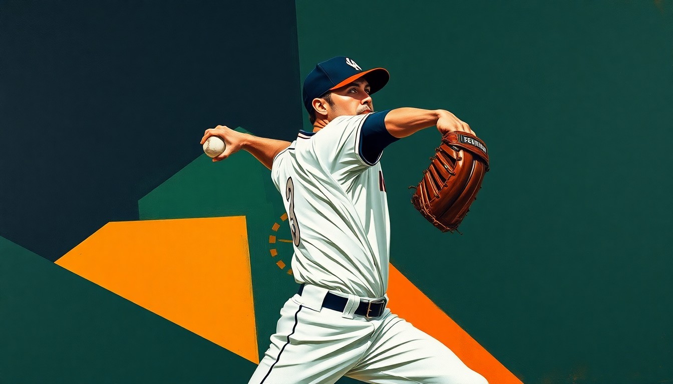 A cubist, geometric painting depicting a baseball pitcher's windup and delivery broken down into overlapping planes of navy, green, and orange, conveying the complex, multi-faceted nature of player development in professional sports.