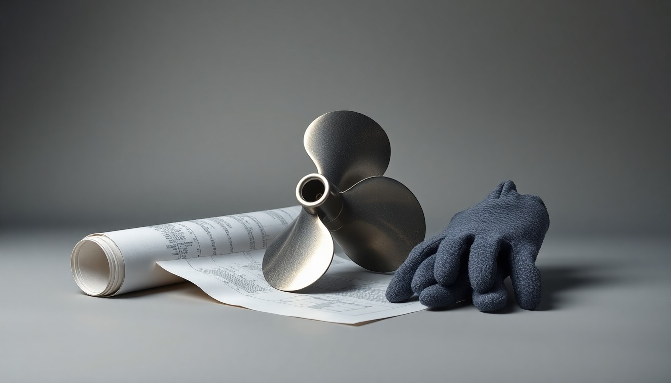 A high-end, photorealistic studio still-life photograph featuring a polished metal ship propeller, a rolled-up blueprint, and a pair of work gloves arranged elegantly on a clean, monochromatic grey background, conceptually representing the precision and craftsmanship of naval shipbuilding.
