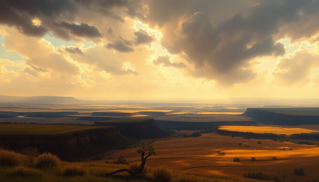 A vast, majestic landscape painting in muted tones, with the distant skyline of Wichita Falls barely visible through the hazy, atmospheric conditions, conveying the overwhelming scale and power of the natural world.