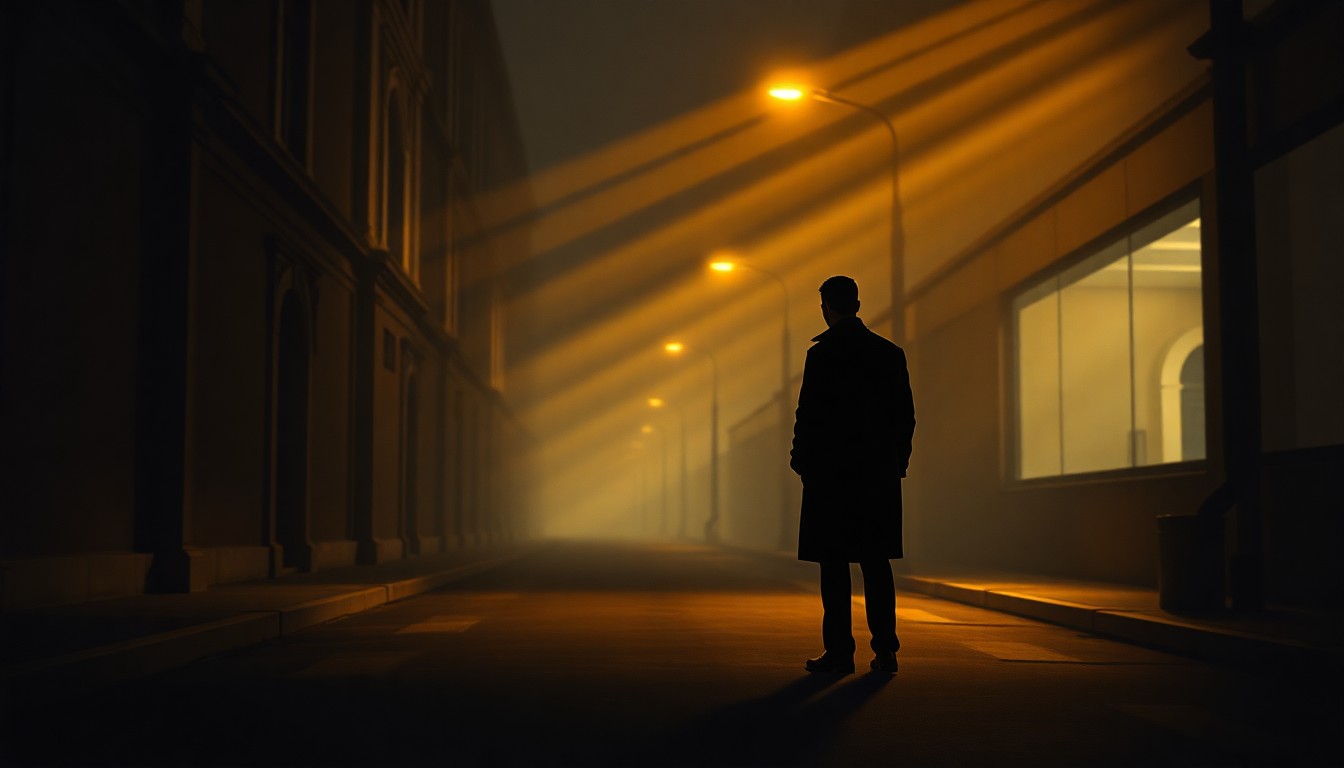 A moody, cinematic painting depicting a lone figure standing on a dimly lit urban street, with warm sunlight casting long shadows across the scene, conceptually representing the complex geopolitical tensions between the U.S. and Iran.