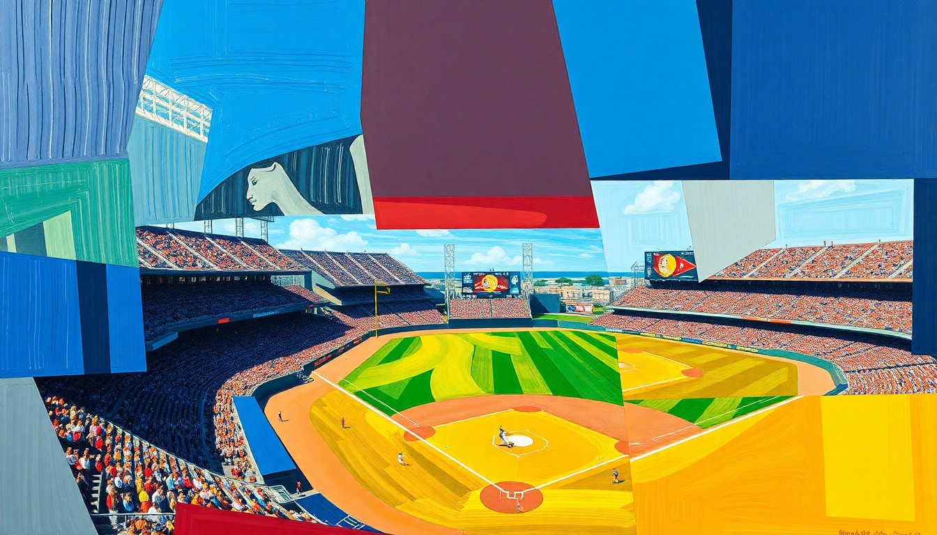 A fragmented, geometric painting depicting the dynamic action of a baseball game, with sharp planes of color and overlapping perspectives capturing the energy of the Marlins' rally.