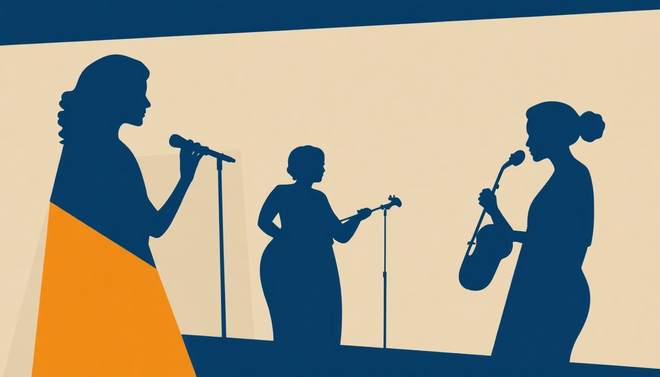 An abstract, minimalist illustration featuring jagged, geometric shapes in shades of blue, ochre, and grey, conceptually representing the powerful jazz music of the all-women quartet Danica.
