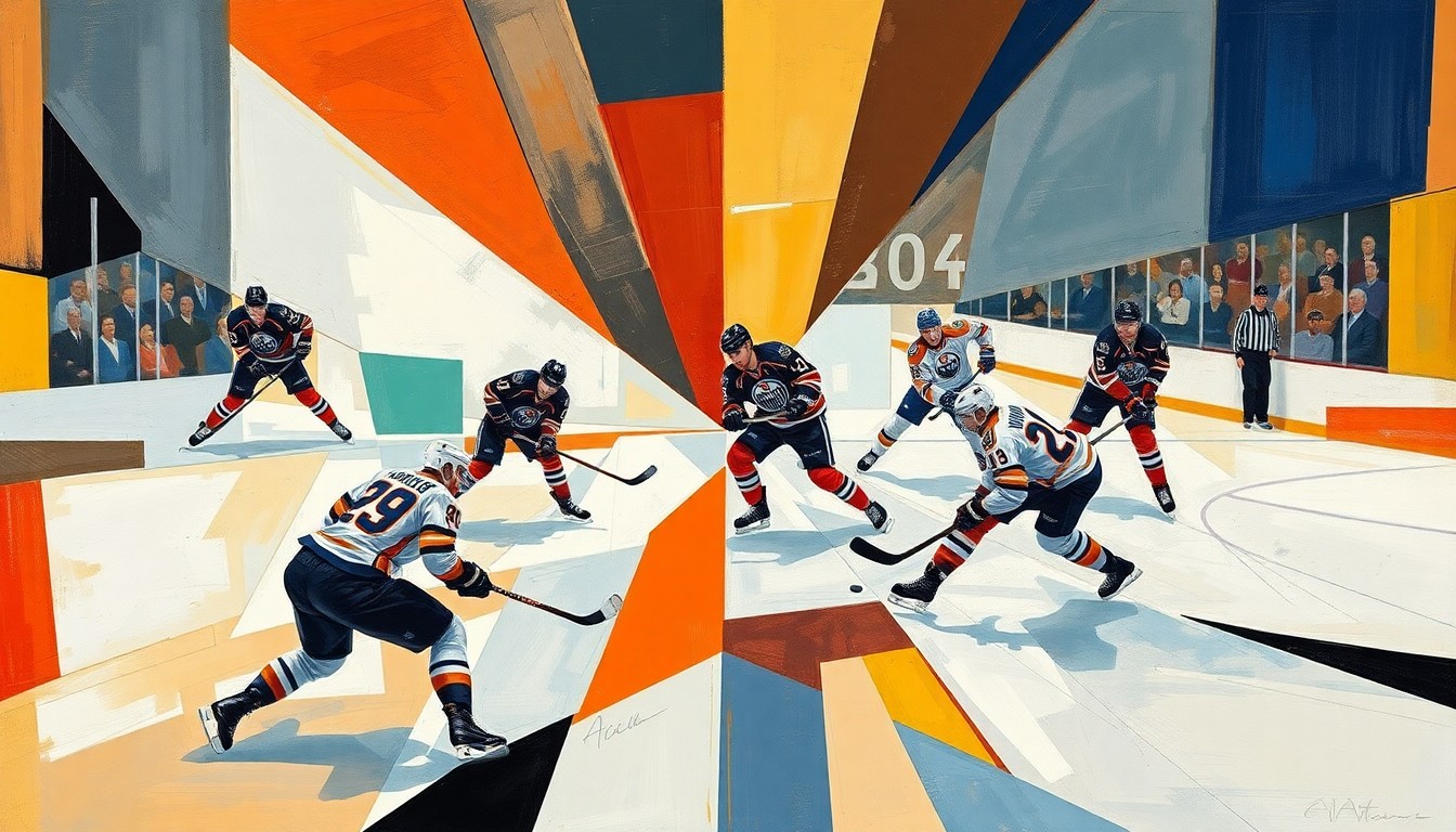 A cubist, geometric painting depicting the action of a hockey game, with players and the puck fragmented into overlapping angular shapes and planes, conveying the intensity and movement of the match.