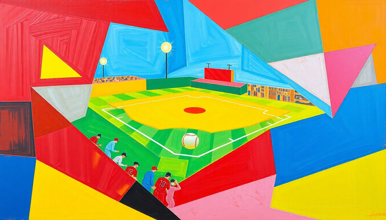 A cubist-style painting featuring overlapping geometric shapes and planes in bright red, blue, and yellow, conceptually representing the dynamic action and energy of a softball game.