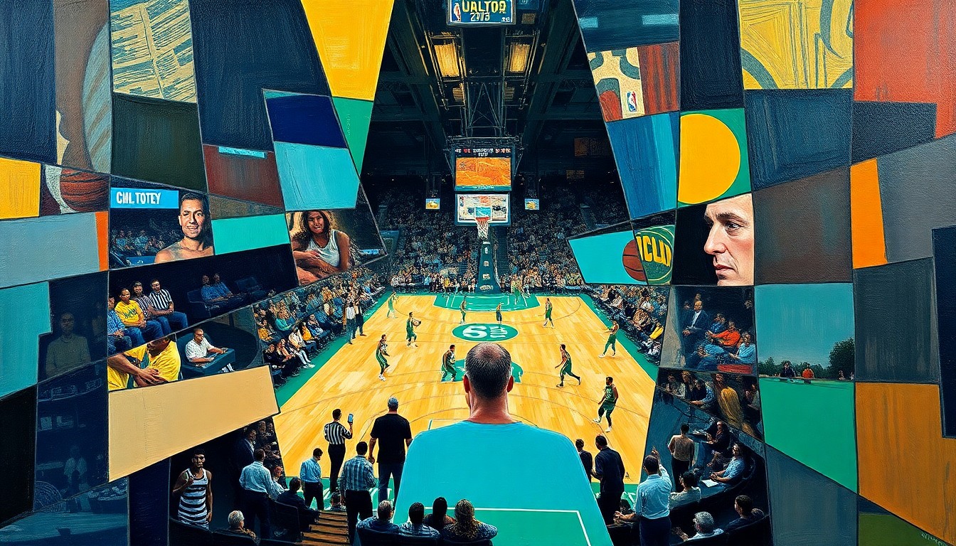 A fragmented, geometric painting depicting a basketball game, with sharp planes of color and form representing the dynamic action on the court.