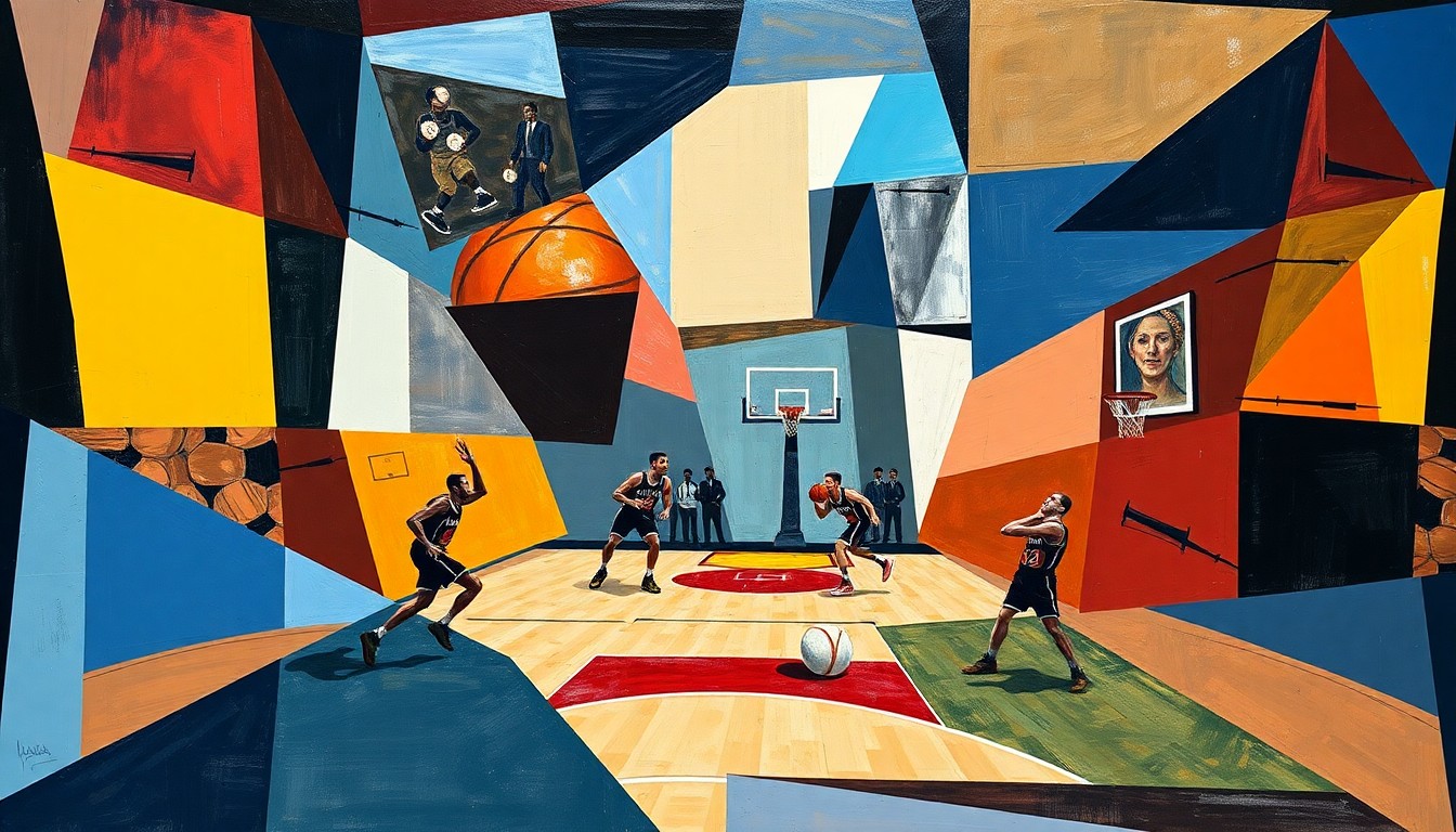 A cubist, geometric painting depicting a basketball game or match, with the players and court broken down into abstract shapes and planes of color, capturing the dynamic energy of the sport.
