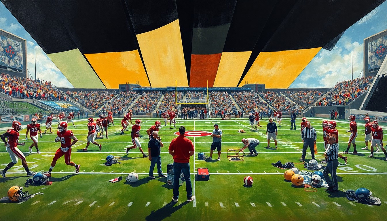 A fragmented, geometric painting depicting a Georgia football practice, with players in motion, coaches shouting, and equipment scattered across the field, capturing the raw energy and intensity of the team's preparations.