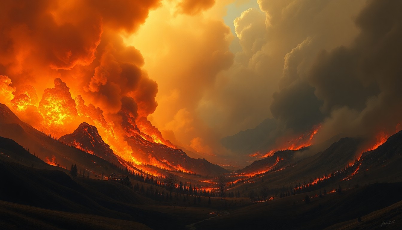 A sweeping, atmospheric landscape painting depicting a massive wildfire raging across a vast, mountainous terrain, the flames and smoke dwarfing any physical structures or objects in the scene.
