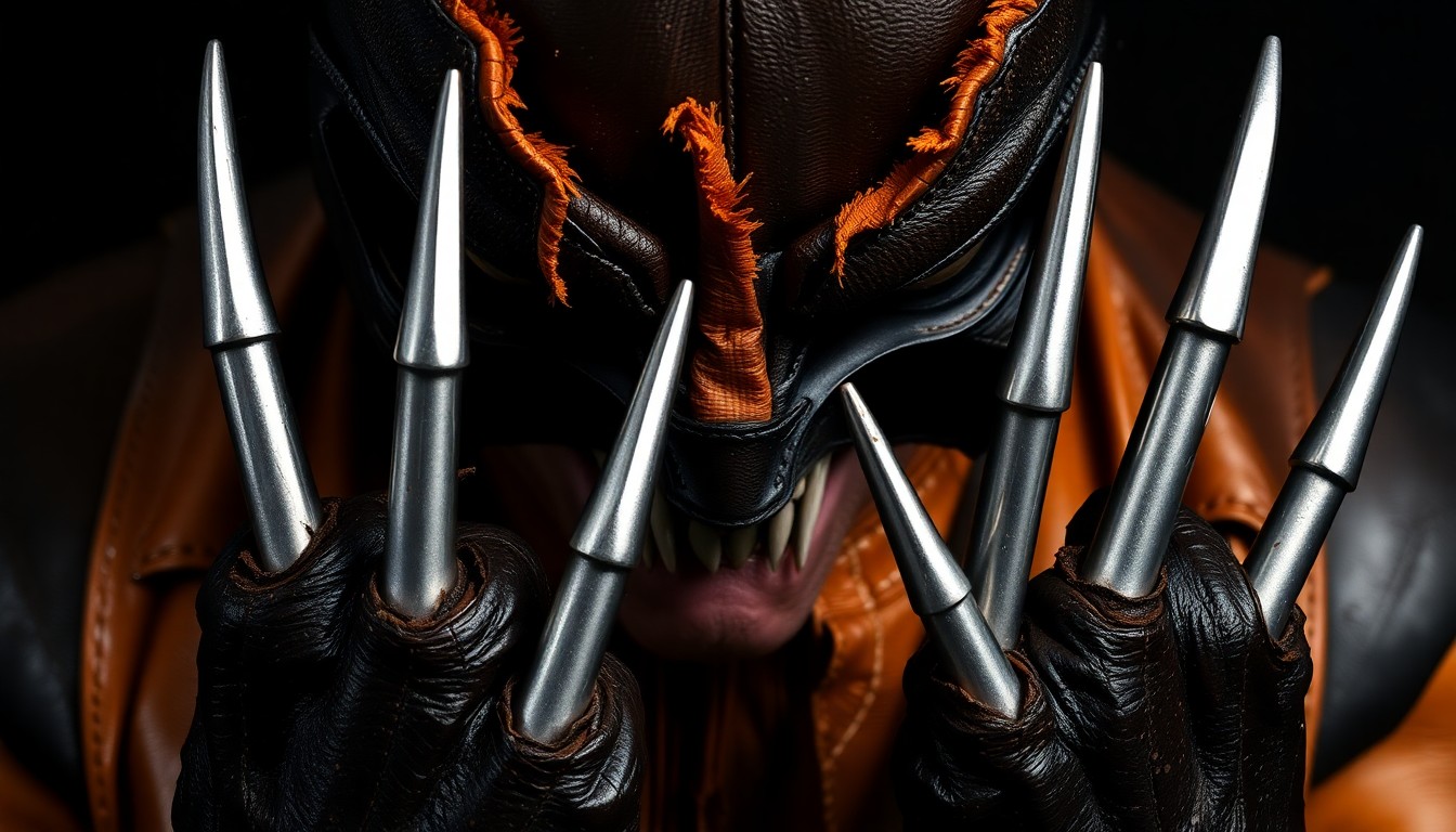 An extreme close-up photograph of a shredded, glittering Wolverine costume, capturing the rugged, high-fashion texture of the torn leather and metal claws in a conceptual illustration about the character's uncertain role in the upcoming Marvel film.