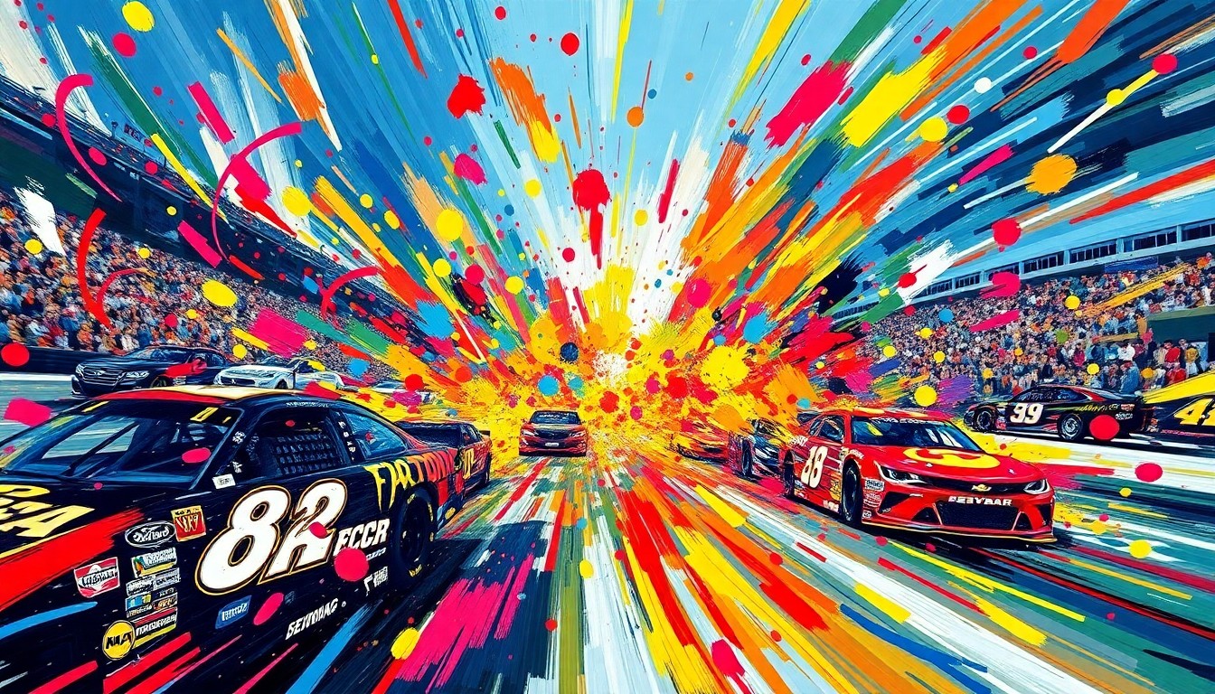 An abstract expressionist painting in vibrant neon colors, capturing the frenetic energy and movement of NASCAR cars racing at Martinsville Speedway, with the drivers and cars blending into a blur of shapes and textures.
