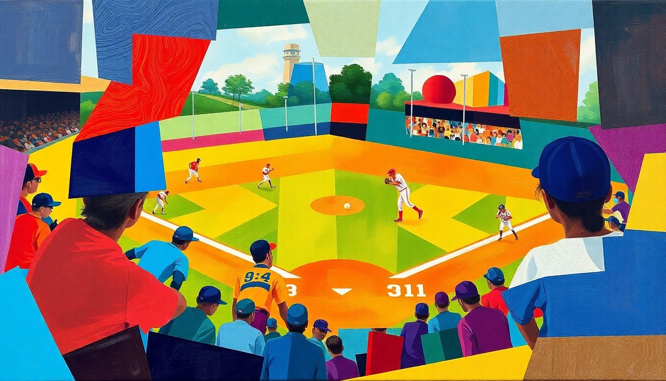 A vibrant, fragmented painting depicting a softball game through sharp, overlapping geometric shapes and planes of bright colors, capturing the energy and action of the final inning.