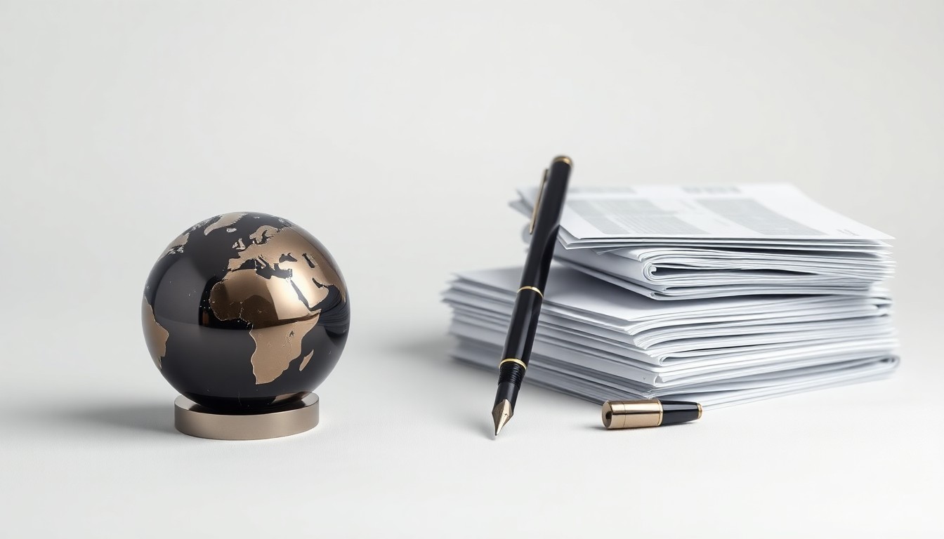 A minimalist studio still life photograph featuring a polished metal globe paperweight, a sleek black fountain pen, and a stack of financial documents, conceptually representing the intersection of corporate strategy, finance, and geopolitical risk.