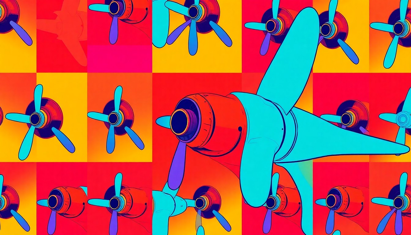 A high-contrast, silkscreen-style illustration of an aircraft propeller repeated in a grid pattern, using vibrant neon colors and heavy black outlines to conceptually represent the interactive and immersive nature of the new aviation learning center.