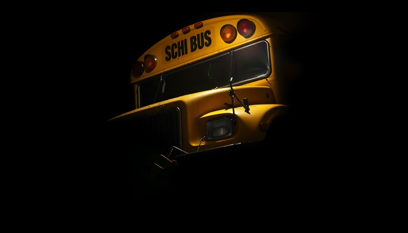 An extreme close-up photograph of a damaged school bus part or piece of evidence from the crash site, lit by a harsh, direct camera flash against a pitch-black background, conceptually illustrating the NTSB's meticulous investigation into the tragic incident.