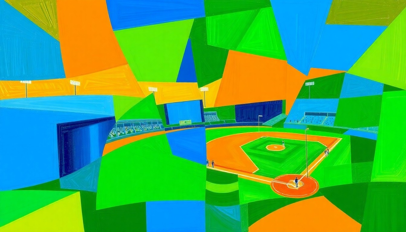 A vibrant, fragmented painting featuring overlapping geometric shapes and planes of color, capturing the dynamic movement and energy of a baseball game.
