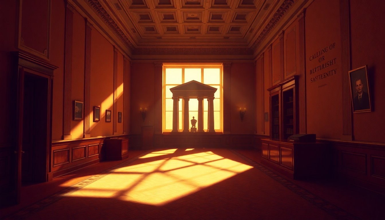 A dimly lit, cinematic government office space with a single desk and chair in the center, the space filled with warm, diagonal sunlight and deep shadows, conveying a sense of quiet contemplation and the high stakes of the Supreme Court's decision on the future of birthright citizenship.