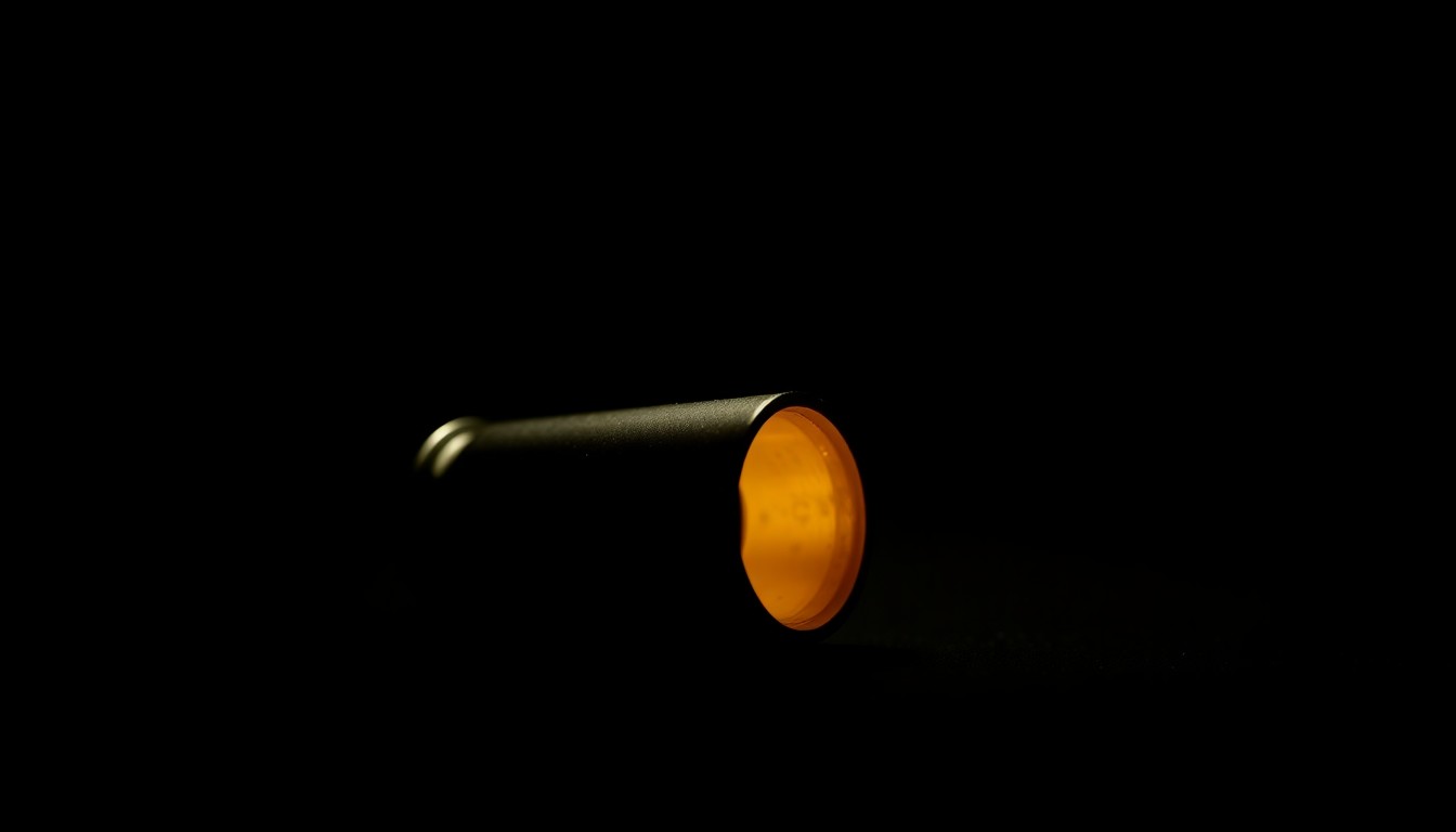 An extreme close-up photograph of a single spent shell casing from a handgun, lit by a harsh, direct camera flash against a pitch-black background, creating a stark, gritty, investigative aesthetic.