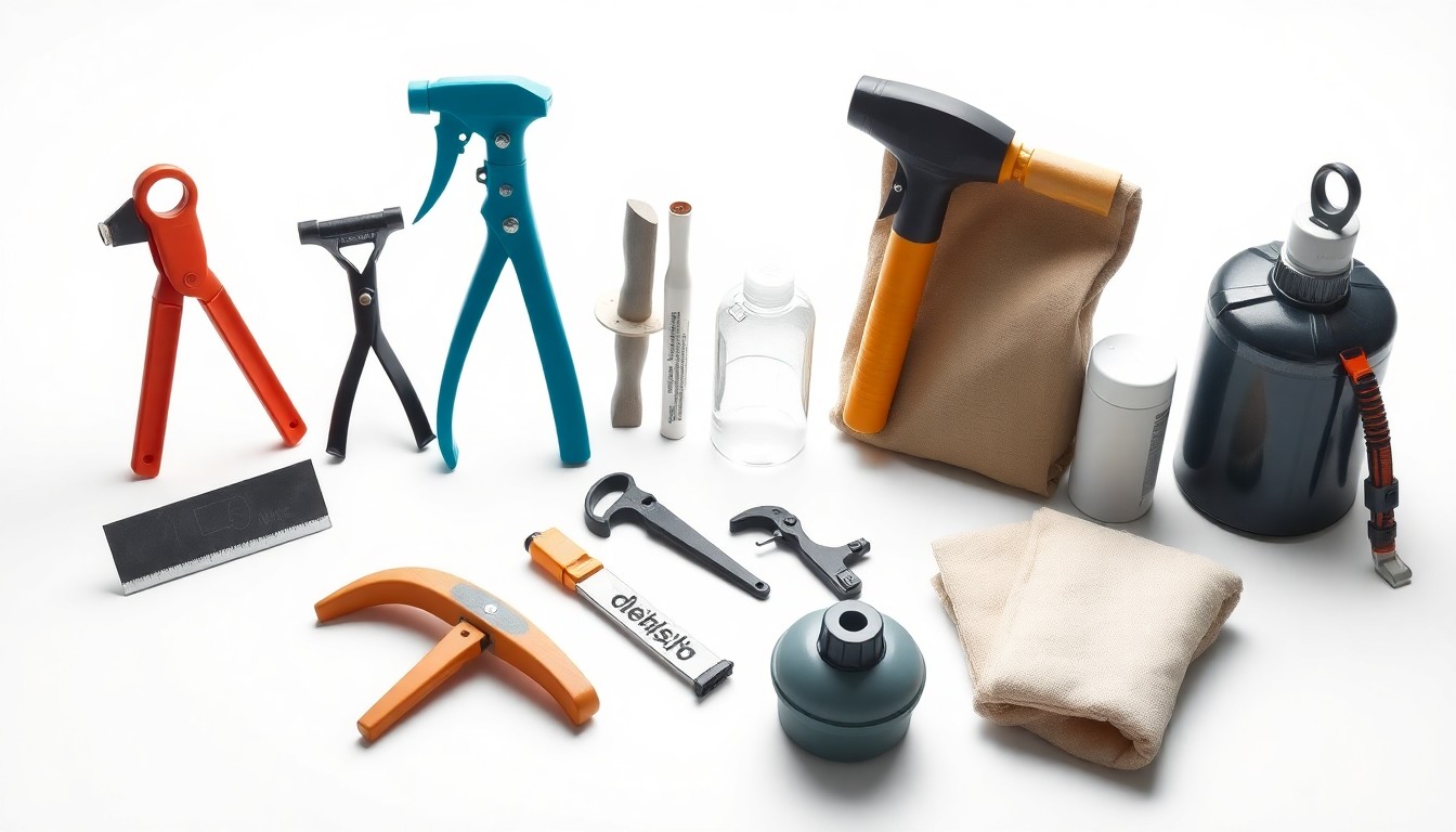 A high-end studio still life photograph featuring a collection of clean, geometric objects representing the tools and materials used in water damage restoration, mold remediation, and fire damage cleanup services, arranged elegantly on a solid white background with dramatic studio lighting and deep shadows.