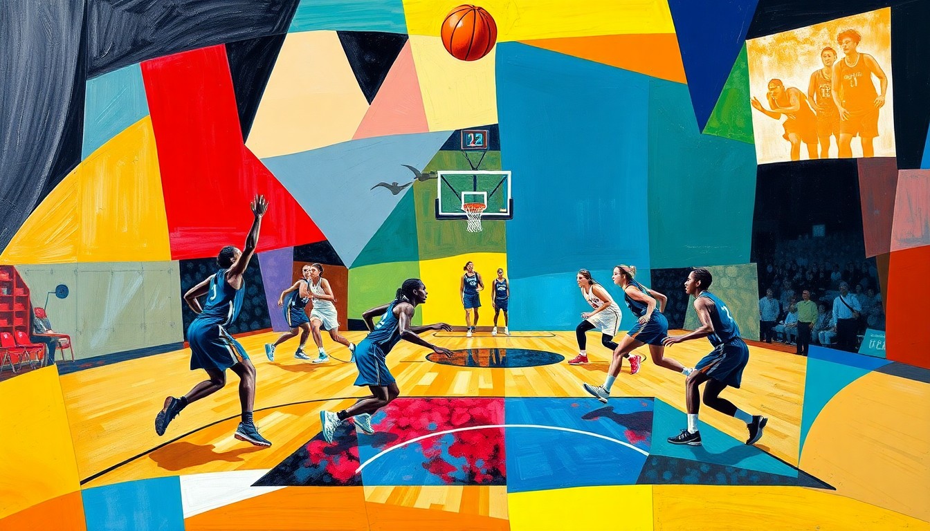 A cubist, geometric painting depicting the dynamic movements and energy of a women's basketball game, with the players and court deconstructed into sharp, overlapping planes of color and shape.