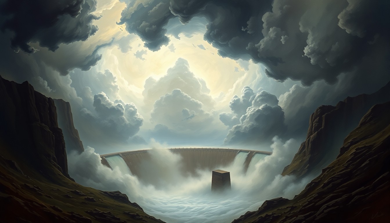 A sweeping, atmospheric landscape painting depicting a massive, swirling storm system dwarfing a partially obscured earthen dam structure, conveying the overwhelming scale and power of the natural forces at play.