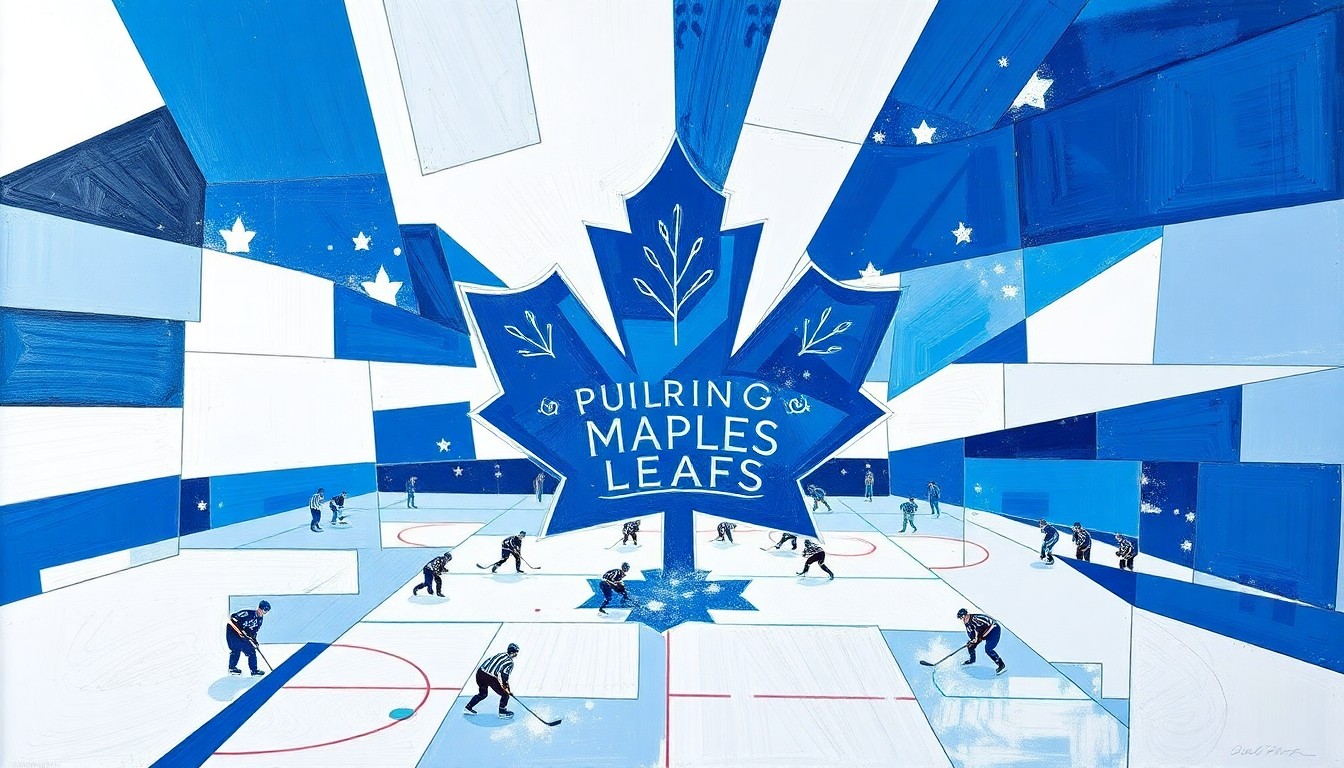 A cubist, geometric painting depicting a fragmented Maple Leafs hockey game, with sharp blue and white planes overlapping to create a dynamic, multi-angled visual representation of the team's ongoing struggles.