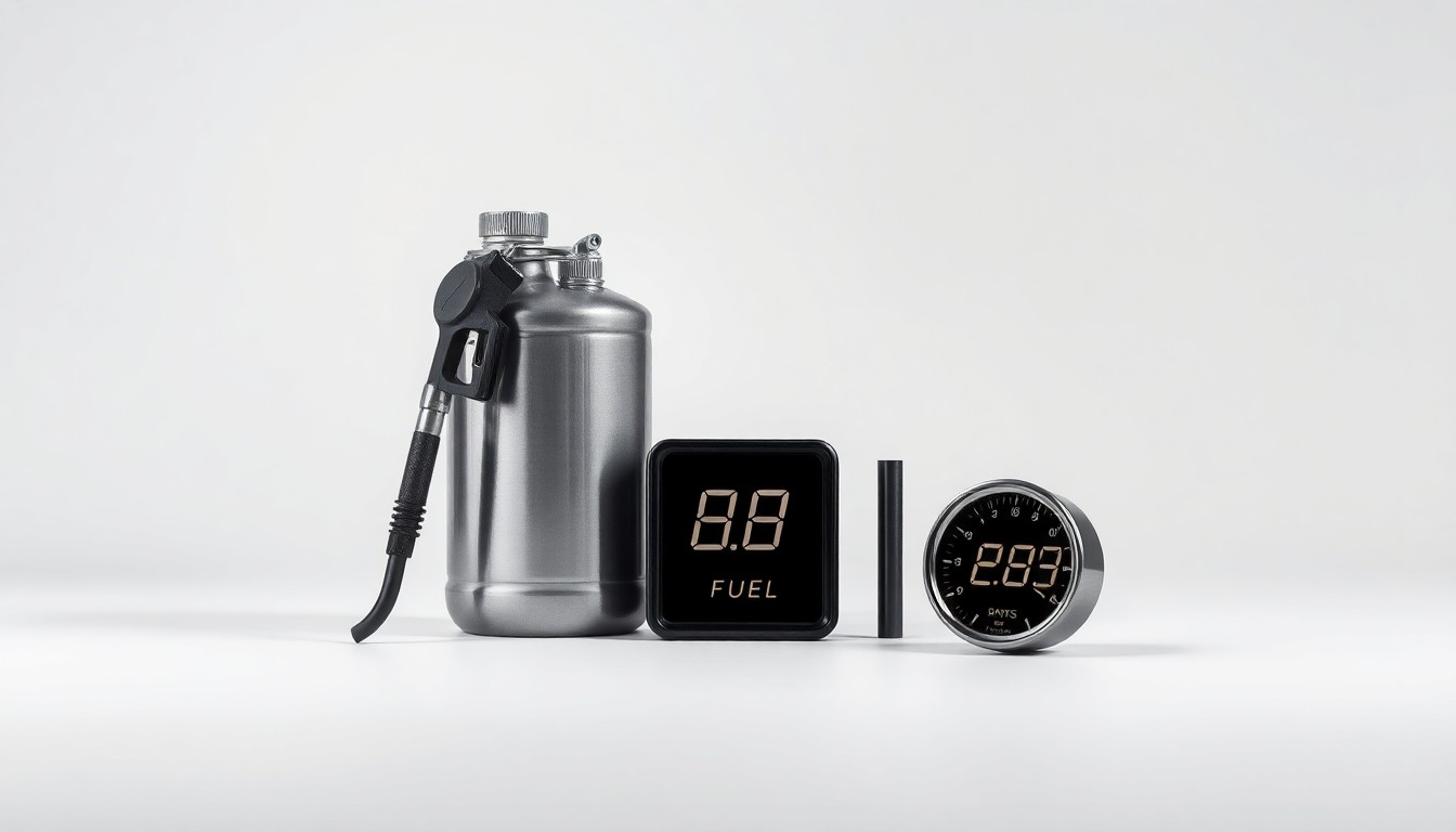 A high-end, photorealistic studio still-life photograph featuring a polished metal fuel canister, marine diesel fuel nozzles, and a digital fuel gauge display, all arranged elegantly on a clean, monochromatic background. The objects use dramatic lighting and shadows to conceptually represent the financial pressures facing Santa Barbara's harbor businesses due to rising fuel costs.