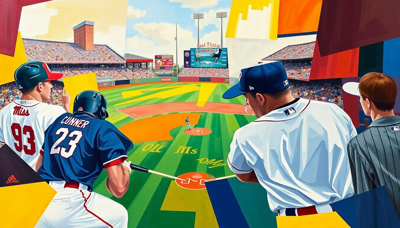 A fragmented, multi-angled painting in bold, clashing colors representing the action and energy of a college baseball game between two rival teams.