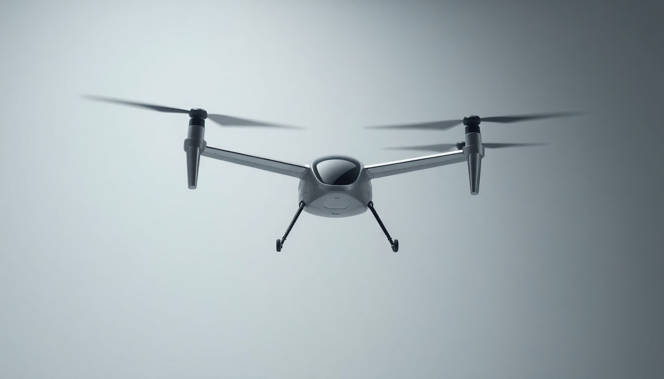 A high-end, photorealistic studio still-life photograph featuring a sleek, metallic eVTOL aircraft model suspended against a clean, monochromatic background, using dramatic studio lighting and deep shadows to symbolize the financial uncertainty surrounding the urban air mobility industry.