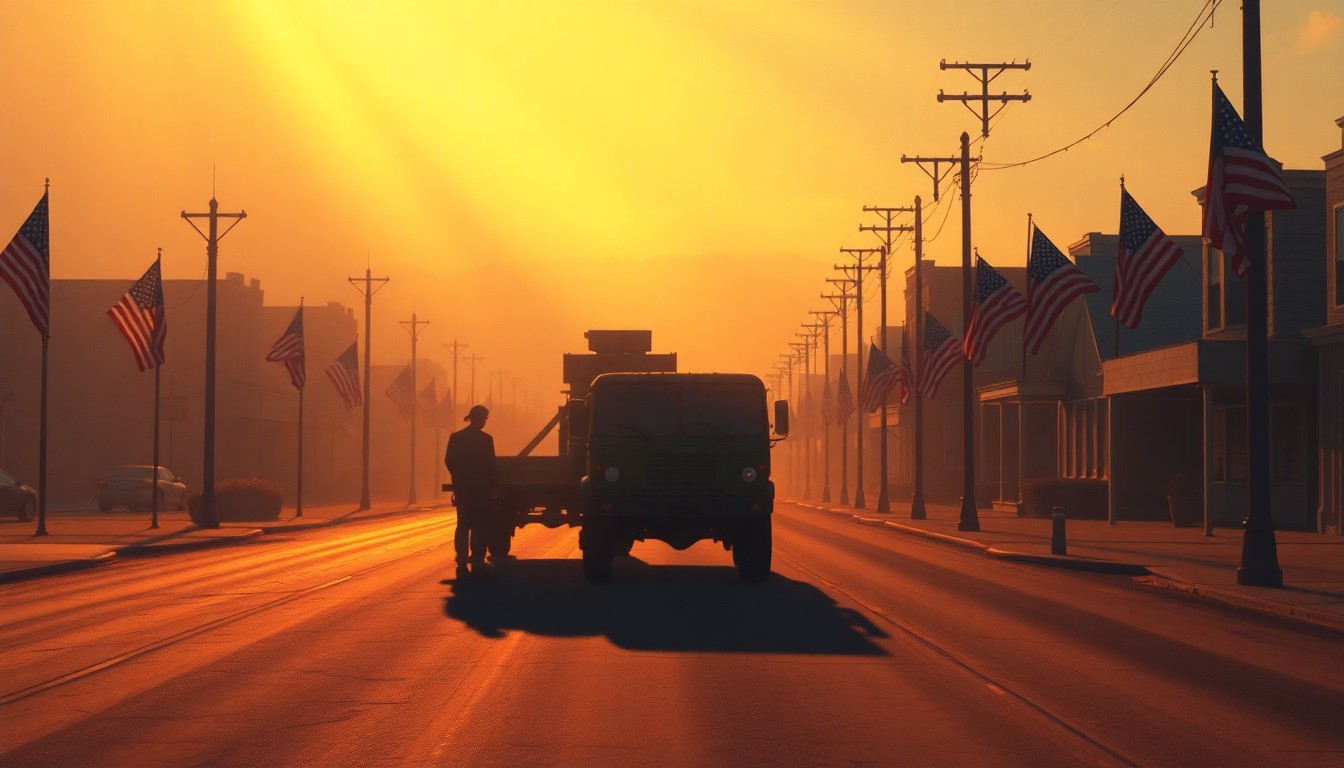 A cinematic painting of a military transport vehicle traveling down a quiet, sun-dappled small-town street lined with American flags, conveying a sense of somber reverence and community solidarity.