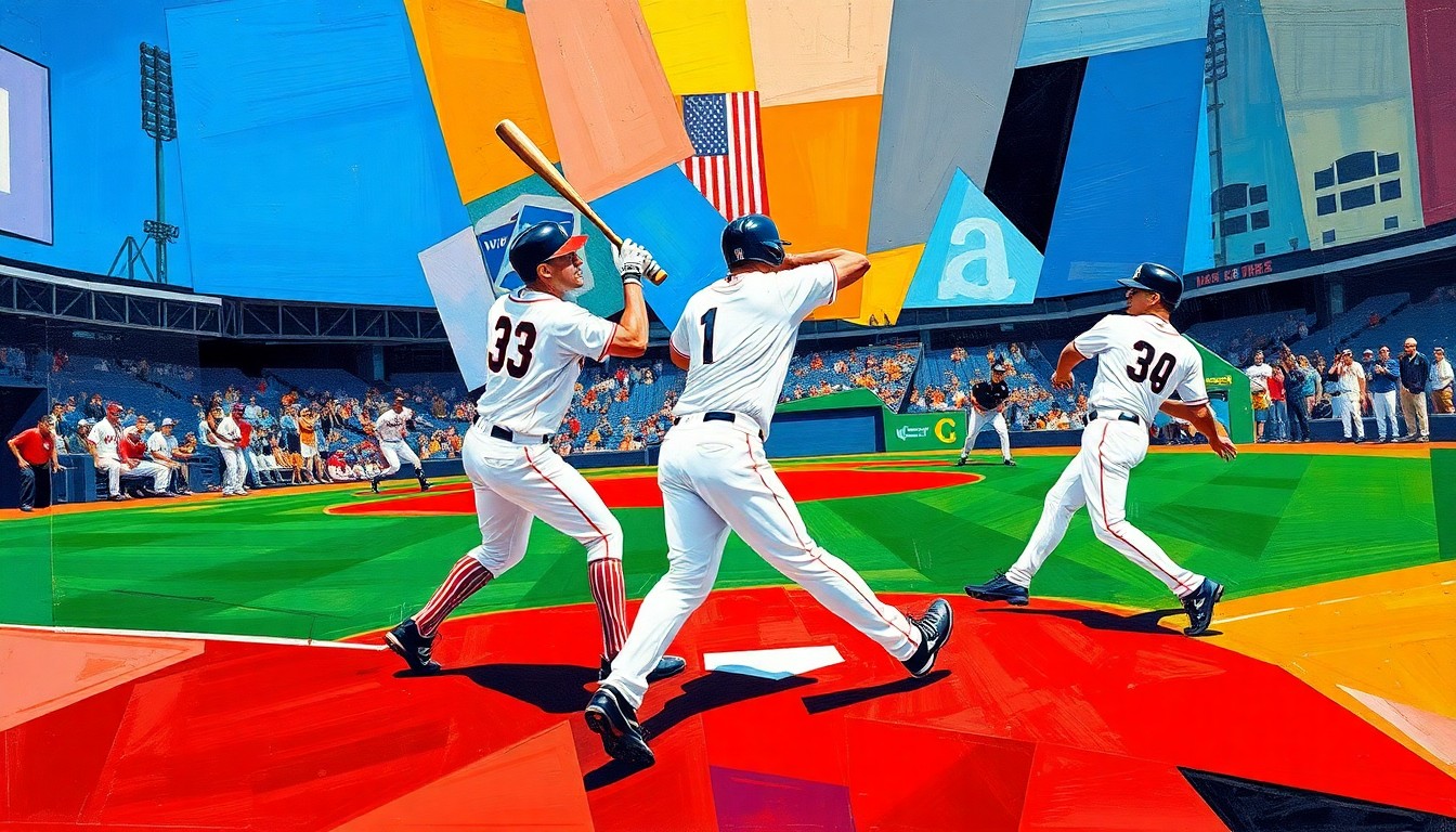 A cubist, geometric painting depicting fragmented baseball players and equipment in the colors of the Nationals and White Sox, conveying the dynamic movement and strategy of a trade between the two teams.