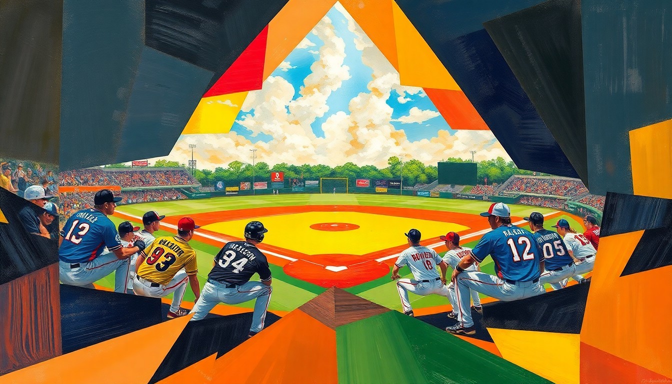 A cubist, geometric painting depicting the chaotic action of a high school baseball game, with fragmented shapes and planes of color representing the players, field, and crowd.