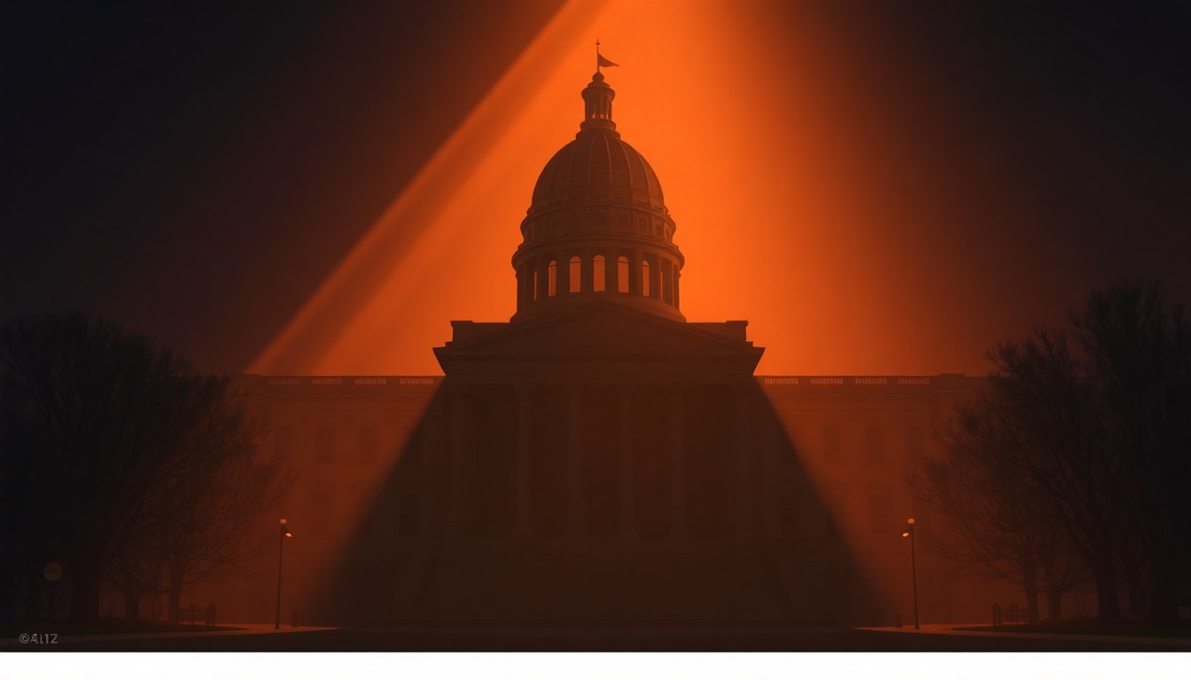 A serene, cinematic painting of the North Dakota State Capitol building, with the structure bathed in warm, golden sunlight and deep shadows, conveying a sense of political atmosphere and significance.