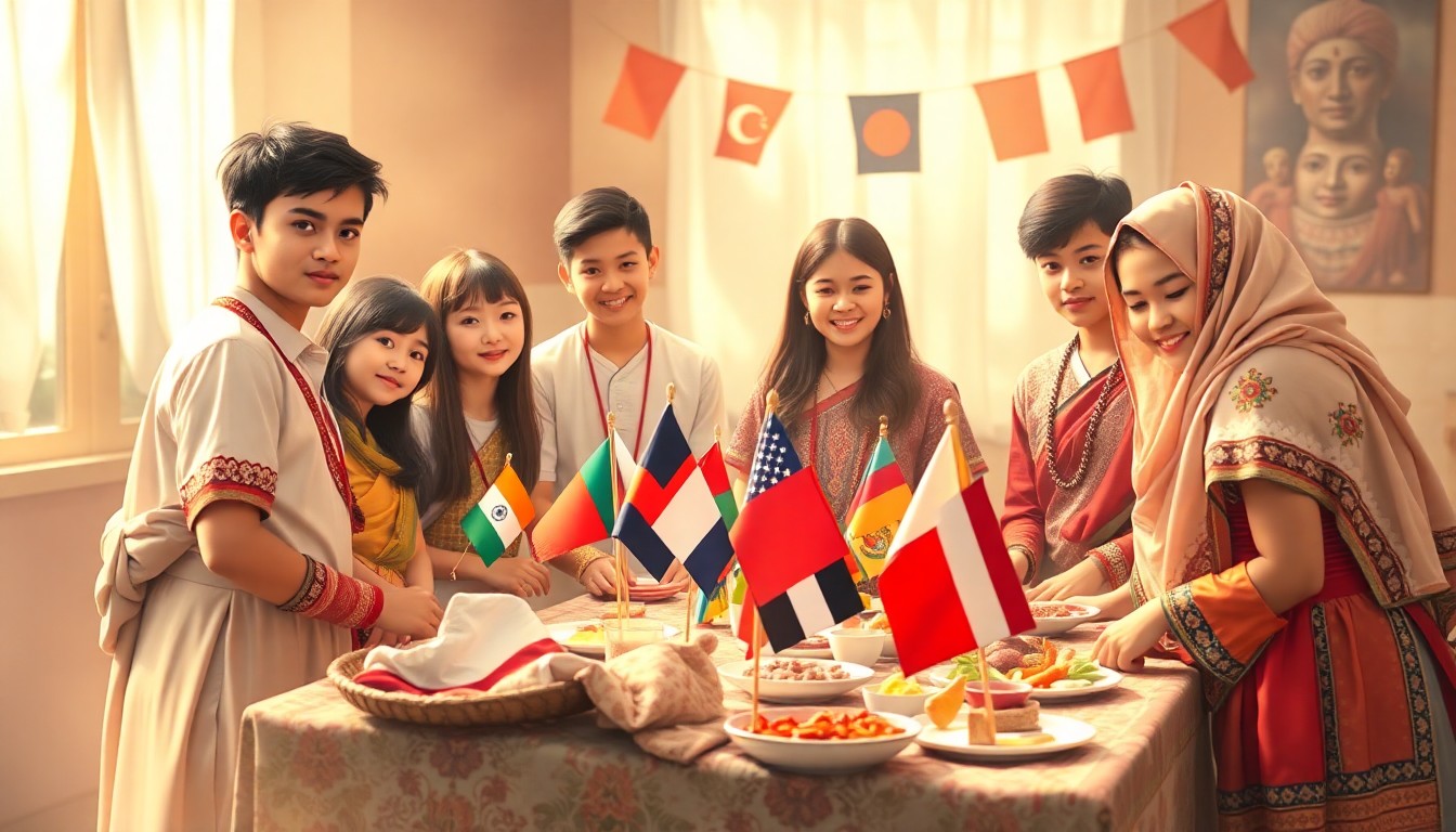 An abstract, blurred photograph showing a group of students in colorful traditional clothing gathered around a table covered in international flags, crafts, and food, capturing the celebratory atmosphere of Pius X High School's annual cultural heritage event.