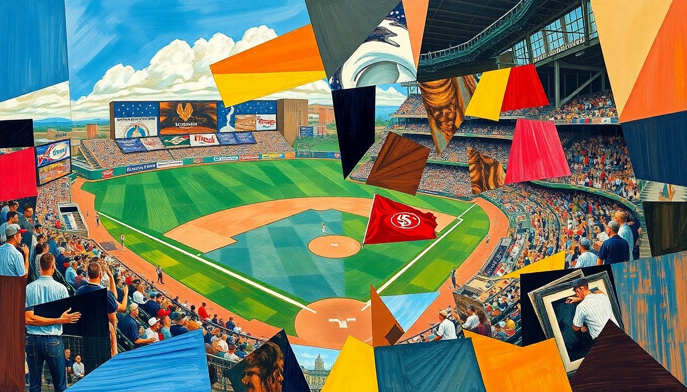 A cubist-style painting featuring overlapping geometric shapes and planes in shades of green, blue, and orange, representing the fragmented action of a baseball game.