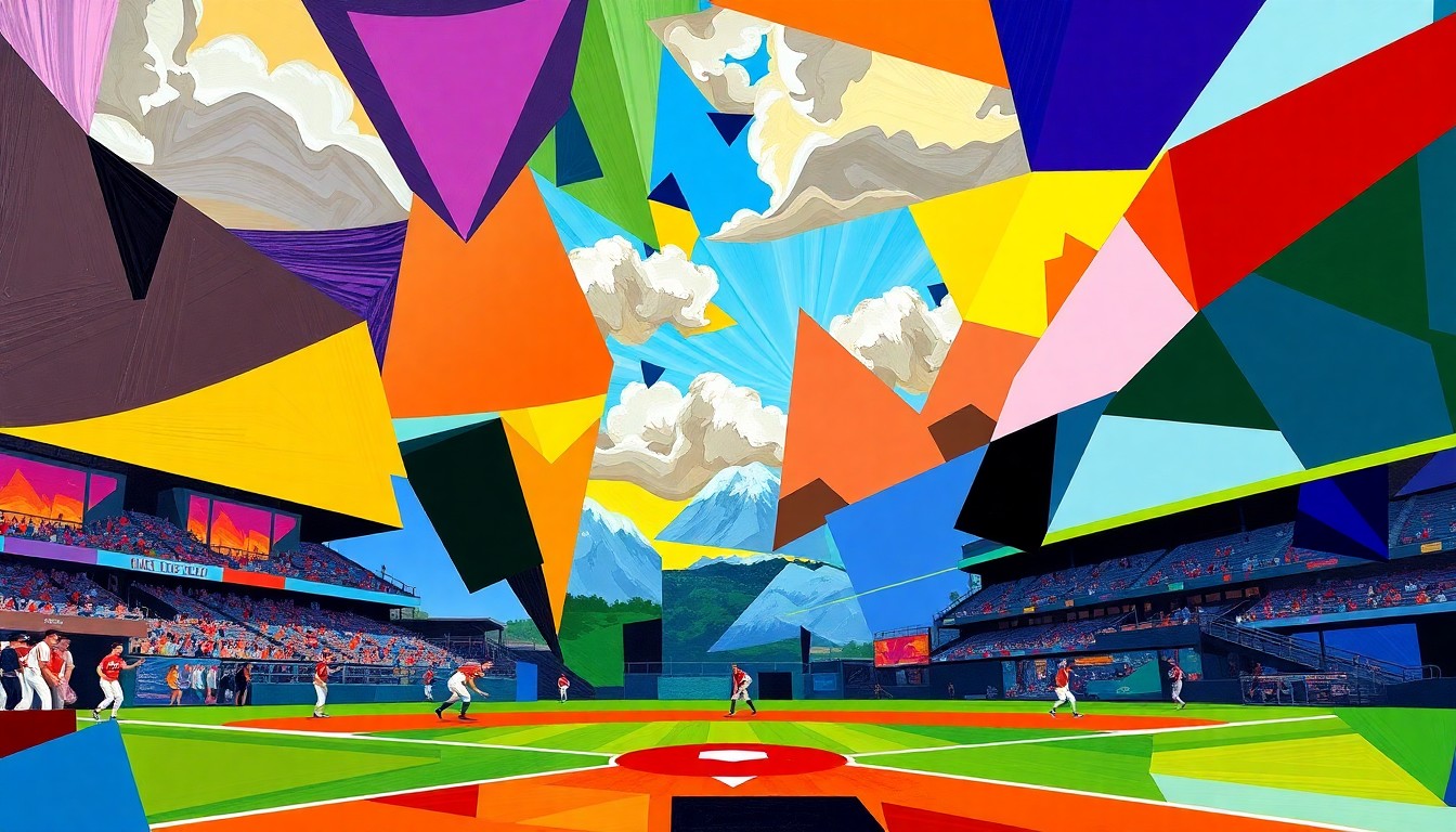 A cubist, geometric painting depicting a high school baseball game, with sharp, overlapping shapes and planes in the team colors of Gallatin and Butte, capturing the dynamic energy and competitive spirit of the new program's debut.