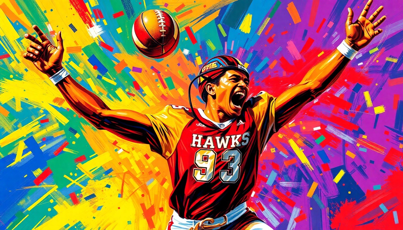 A vibrant, energetic painting featuring explosive brushstrokes in neon shades of orange, yellow, and blue, capturing the raw athleticism and celebratory spirit of a basketball championship victory.