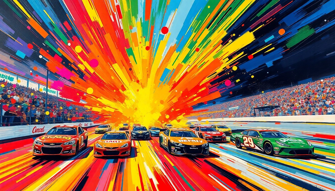 An abstract, expressionist painting in vibrant neon colors depicting the chaotic motion and energy of a NASCAR race at Martinsville Speedway, with cars and drivers blending into unrecognizable shapes and splatters.