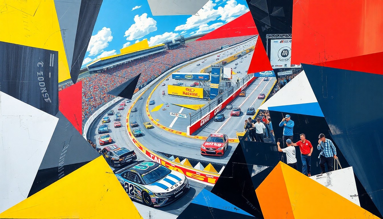 A cubist, geometric painting depicting a NASCAR race at Martinsville Speedway, with the cars and track represented through bold, angular shapes and vibrant colors, capturing the intense competition and energy of the event.