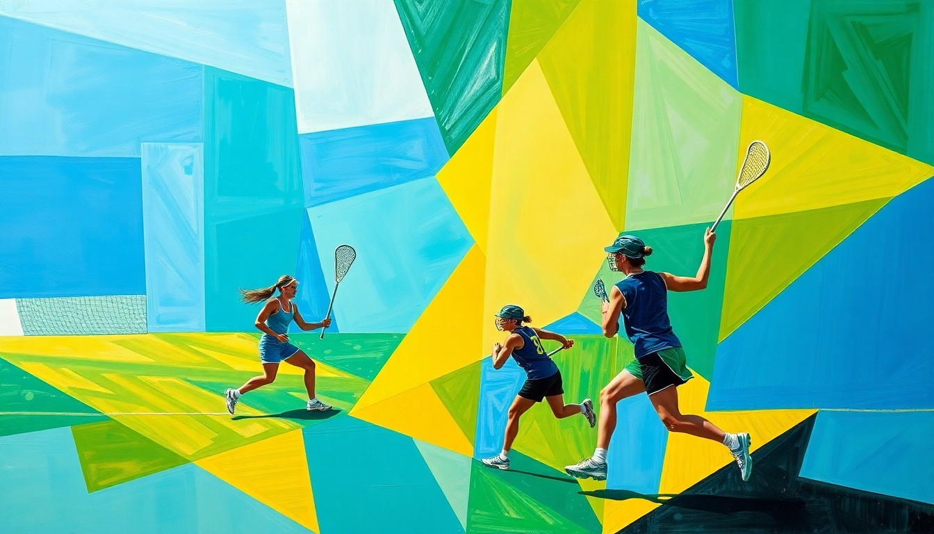 A cubist, geometric painting depicting a women's lacrosse game, with the players and field broken down into sharp, overlapping planes of color, conveying the intensity and energy of the competition.