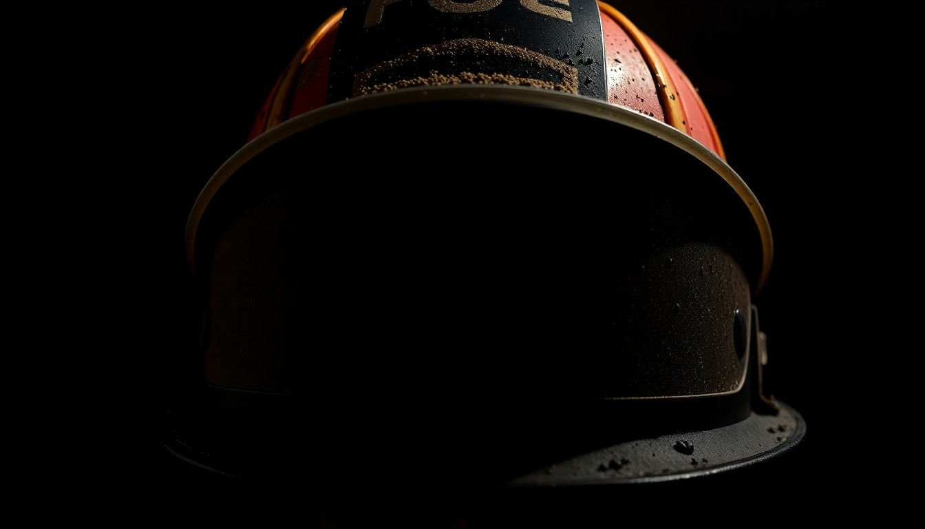 An extreme close-up of a firefighter's helmet with scuff marks and dirt, conveying the gritty, investigative nature of this tragic incident.