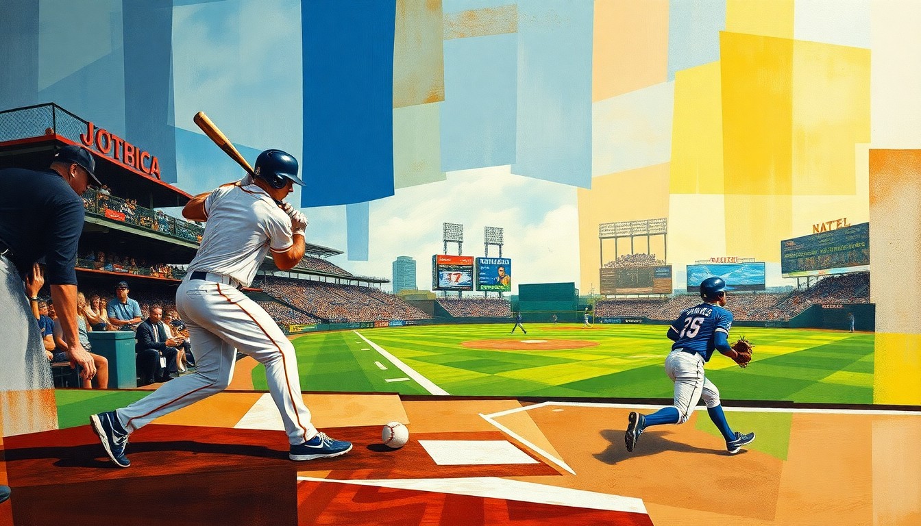A fragmented, geometric painting depicting the key moments of a baseball at-bat, with the batter, ball, fielder, and baserunner all represented through sharp, overlapping planes of color.