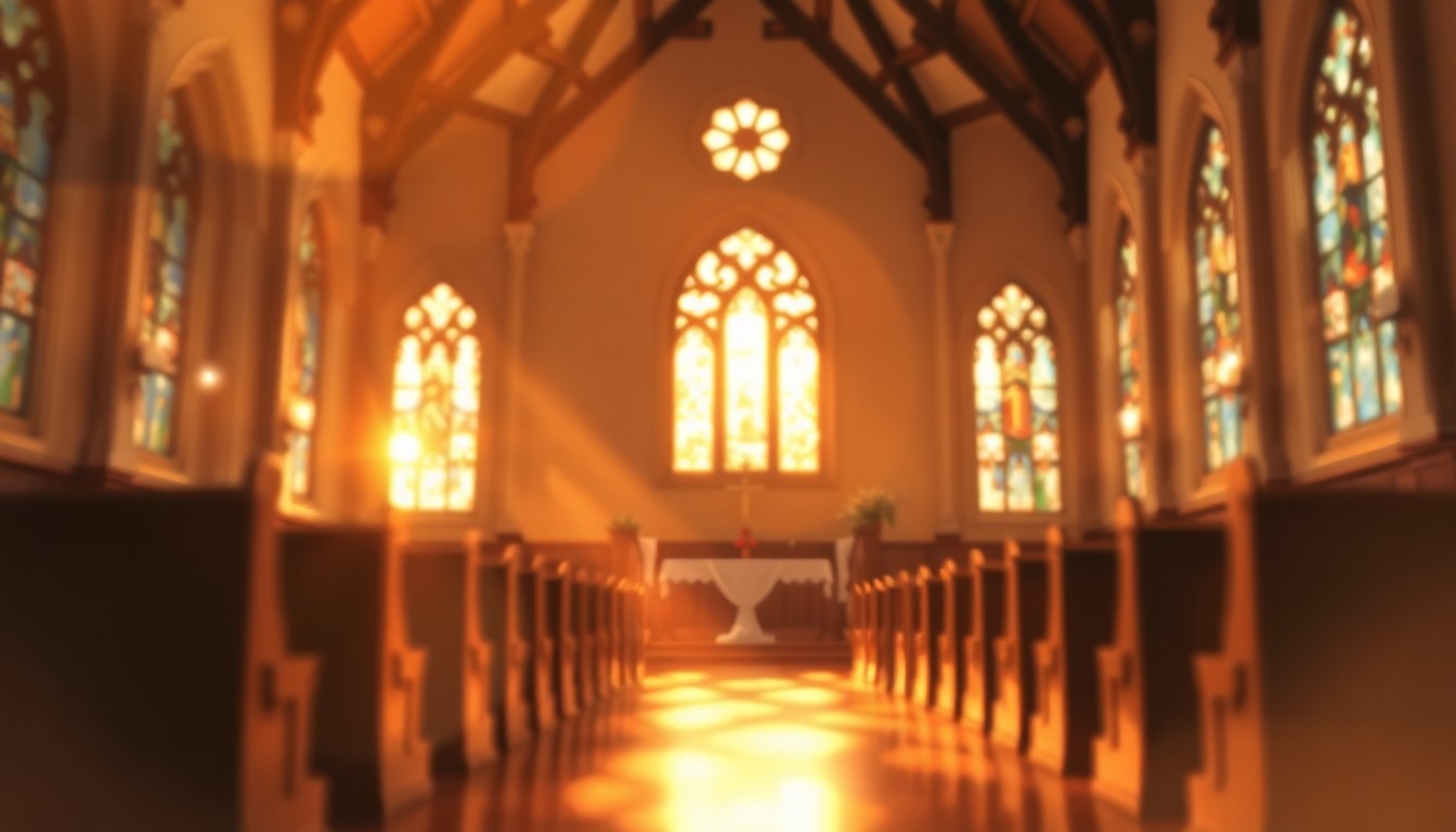 An extremely abstracted, out-of-focus photograph of a church interior, with soft pools of warm light filtering through stained glass windows, creating a peaceful and contemplative mood.