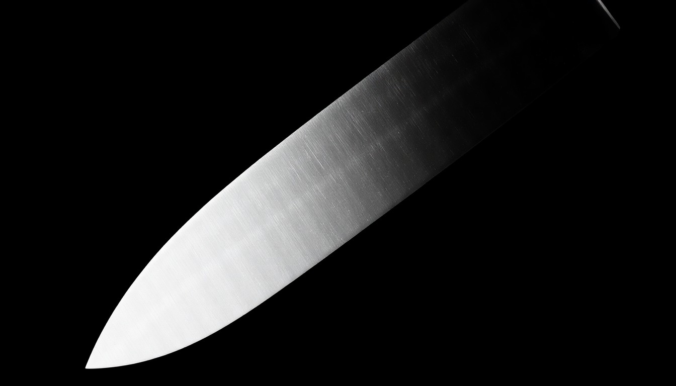 An extreme close-up of a knife blade against a pitch-black background, lit by a harsh, direct camera flash, conceptually representing the violence of a domestic stabbing incident.
