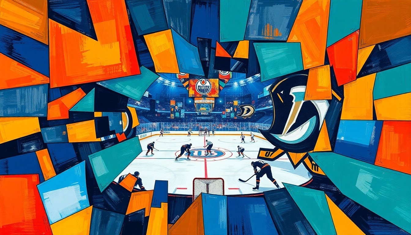 A fractured, multi-perspective painting depicting a hockey game, with sharp geometric planes of orange, blue, teal, and gold colliding to capture the energy and movement of the action on the ice.