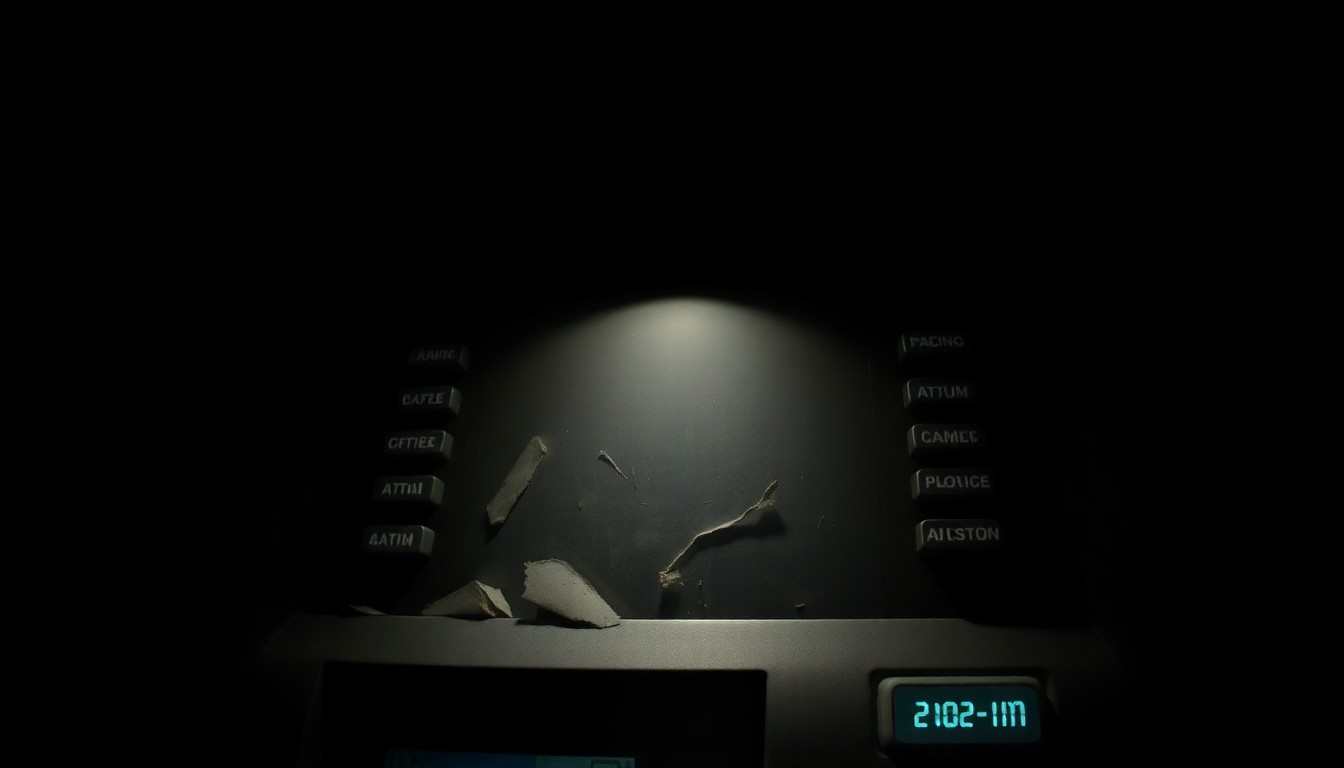 An extreme close-up of a damaged ATM control panel, with its buttons and display screen partially obscured by shadows, conveying the gritty, investigative nature of the crime scene evidence.