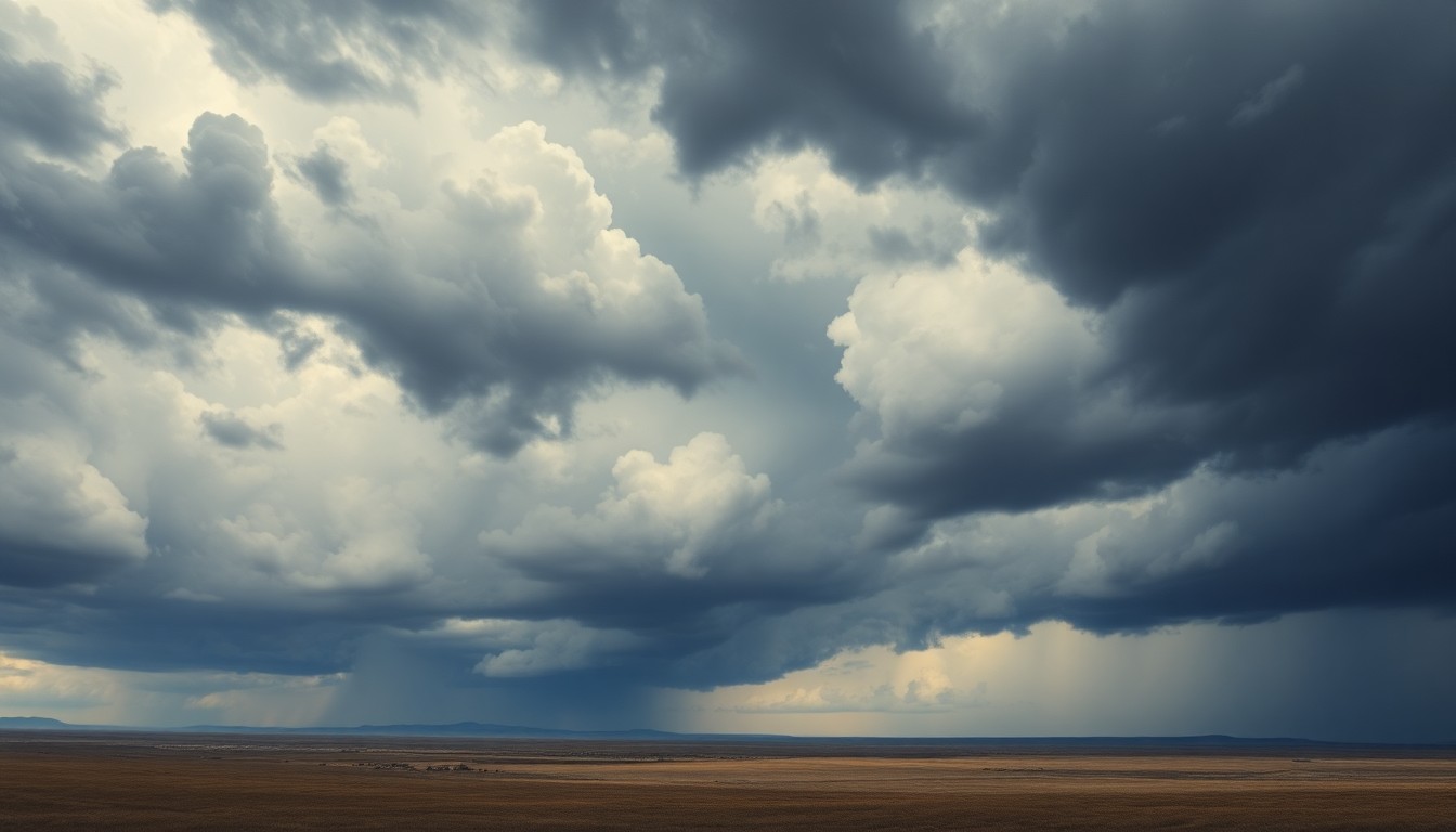 A vast, atmospheric landscape painting in muted tones of gray, blue, and green, capturing the overwhelming scale and power of an approaching storm system over a flat, desolate prairie.